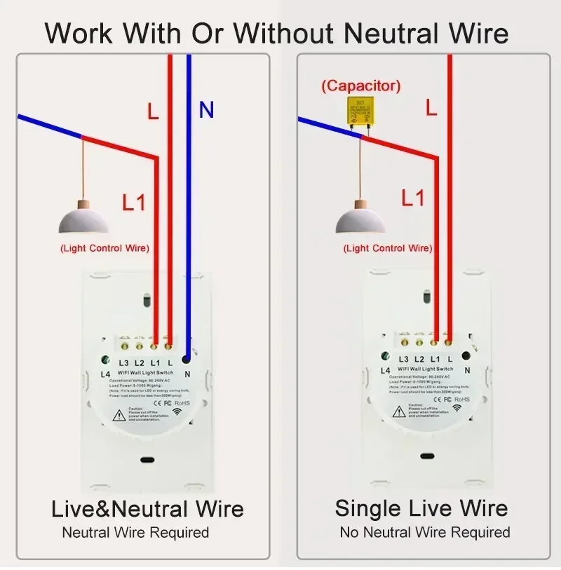 Matter WiFi Smart Switch Neutral Wire/No Neutral Wire 1/2/3 Gang Touch Wall Light Switch Work with Homekit Alexa Google Home