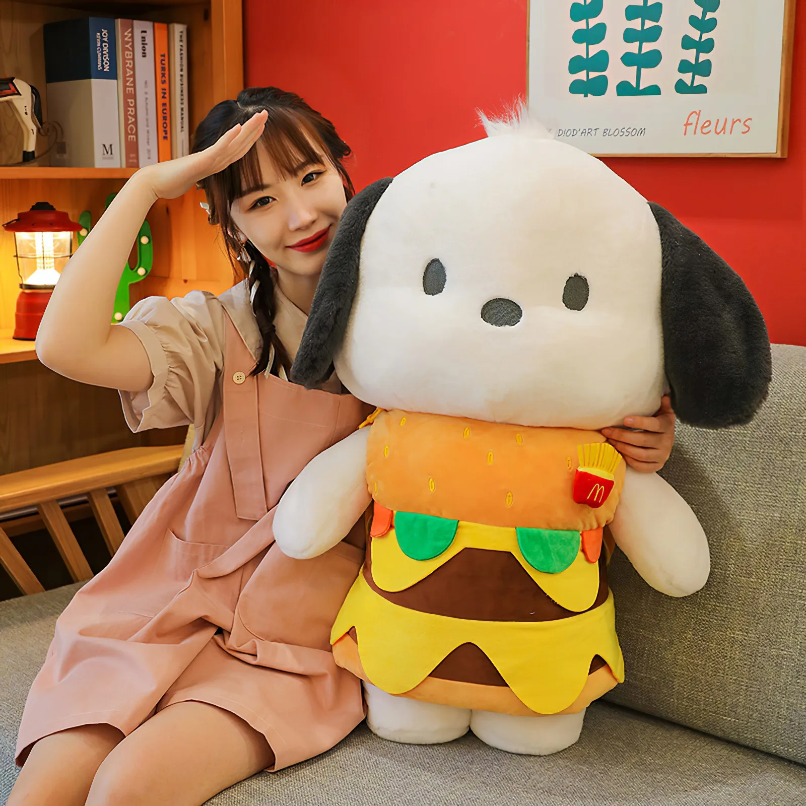 Cartoon Sanrio Pochacco Cute Plush Toy Kawaii Removable Burger Big Ear Dog Soft Stuffed Doll Girls Sleeping Pillow Birthday Gift