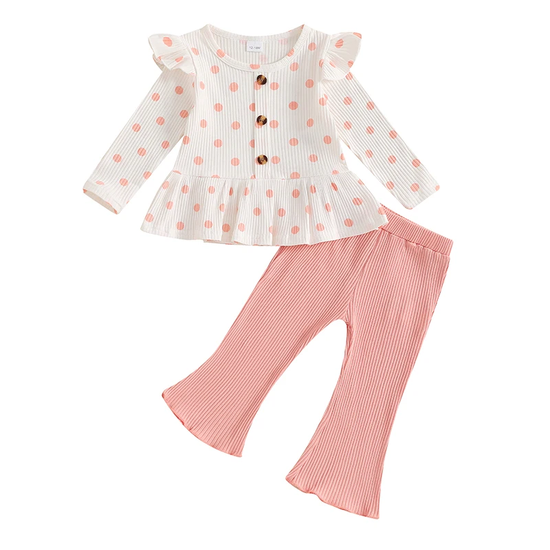 Little Girls 2PCS Fall Sets Long Sleeve O Neck Dot Print Peplum Tops Flared Pants Set