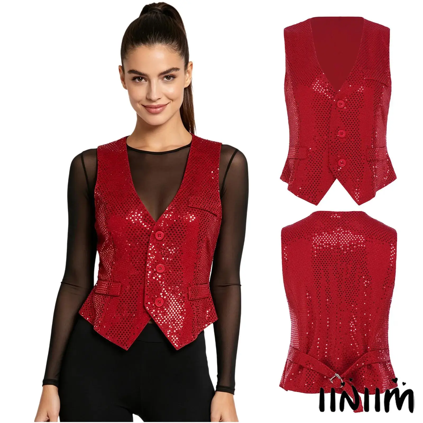 

Womens Tango Latin Top Dancewear Sequin Vest V Neck Pointed Hem Button Front Fully Lined Blazer Tank Top for Night Club Party
