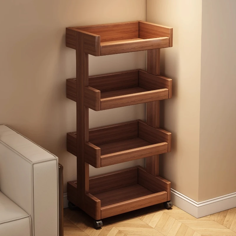 Mehrschichtige Regale aus Massivholz, Bücherregale, vom Boden bis zur Decke reichendes abnehmbares L-Sofa, seitliche paar Trolleys für den Haushalt, Snack-Aufbewahrungsregale