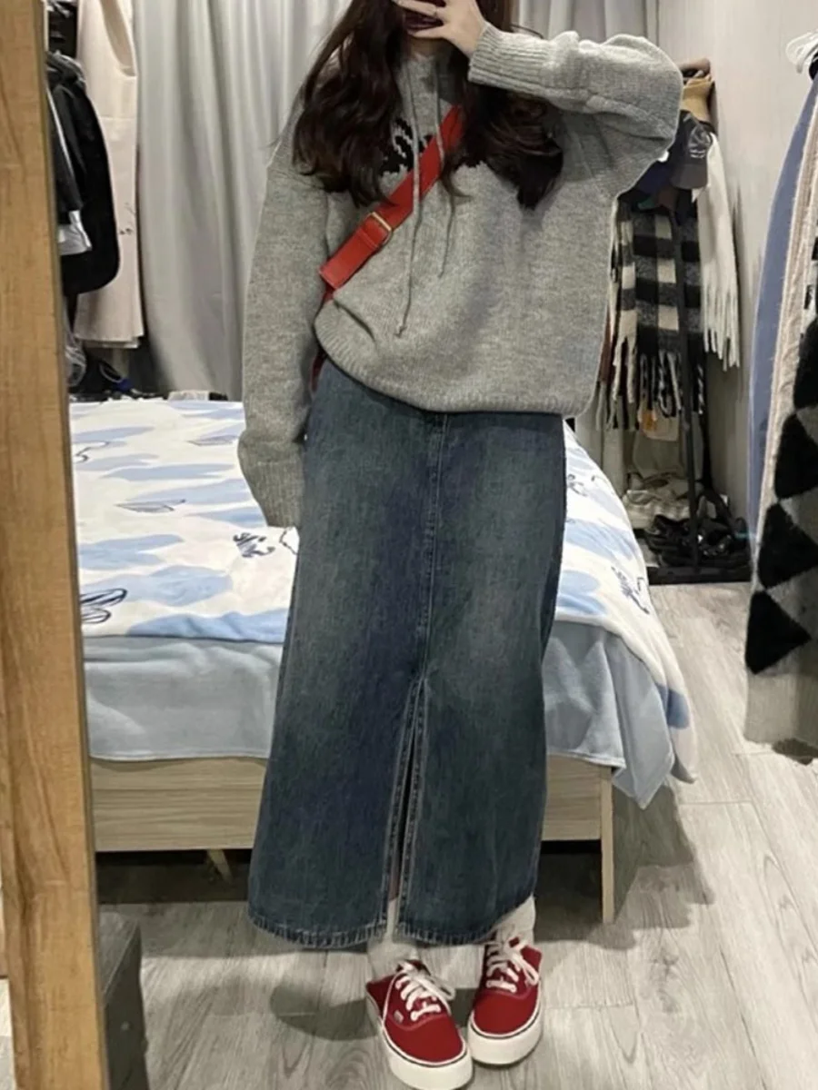 

Retro High Waist Denim Skirt Women's plus Size A-Line Midi Skirt Slimming Straight Cut Mid-Length f Body Skirt