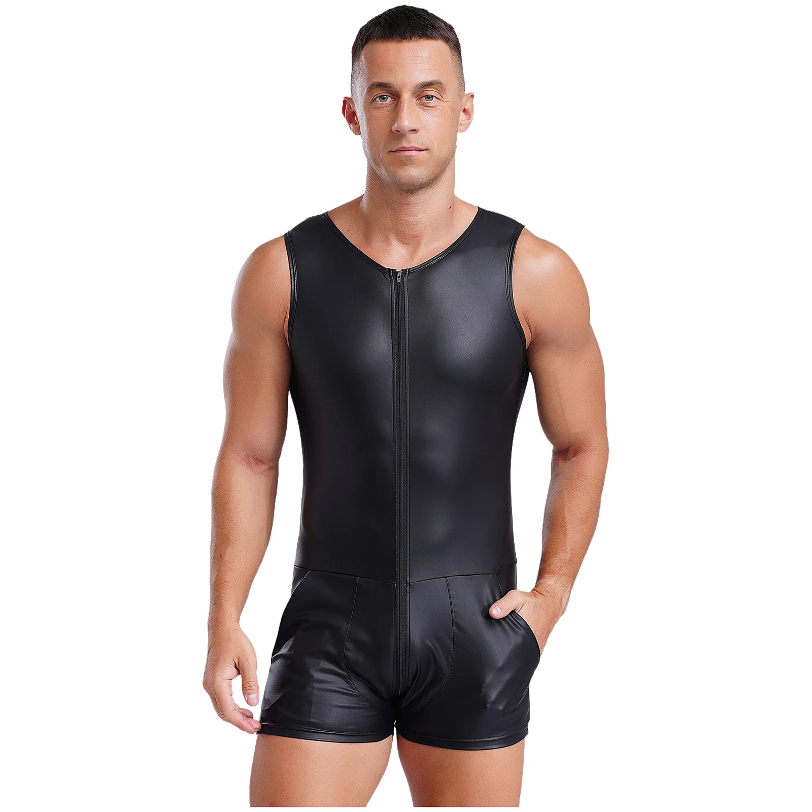 Sexy Mens Faux Leather Zipper Open Front Bodysuit Lingerie Nightwear Jumpsuit Leotard Tempting Clubwear Sportwear