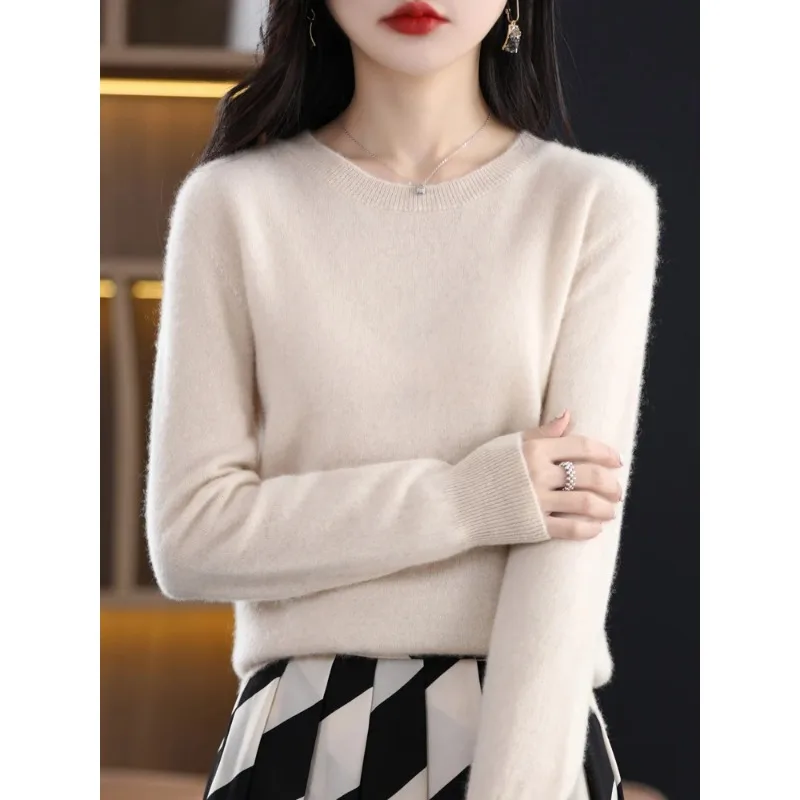 Autumn Winter Women Female O-Neck Knitted Pullover 100% Merino Wool Sweater Soft Solid Comfortable Basic Clothing Tops N209