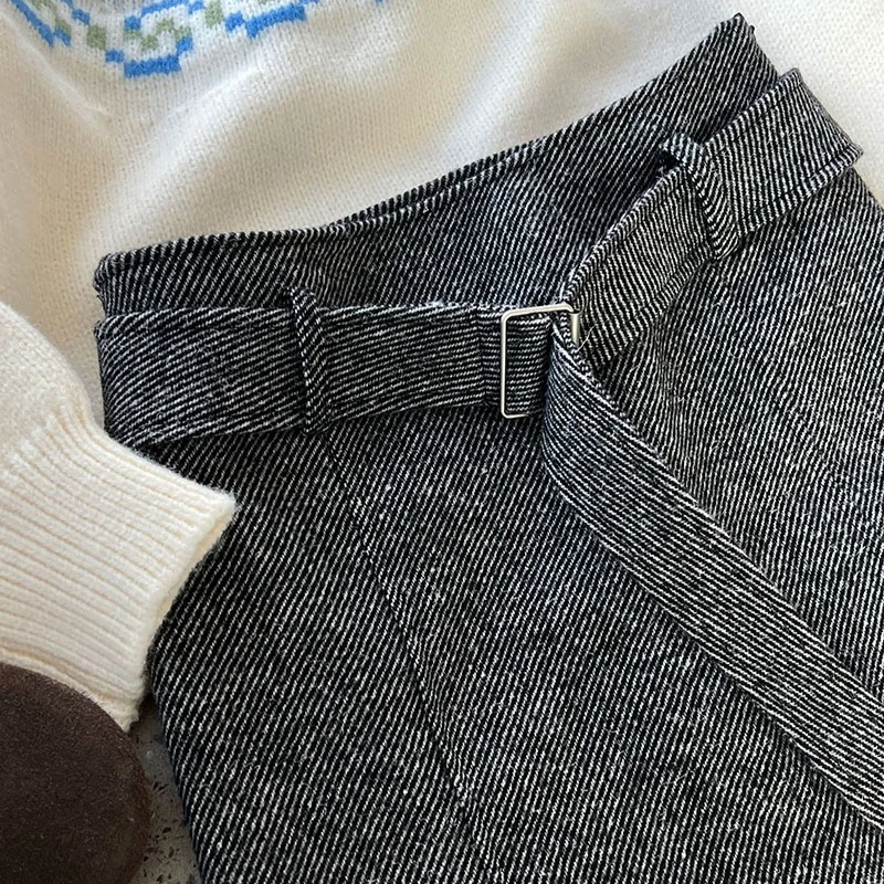 Damska spódnica retro z wysokim stanem, prosta, wełniana, z paskiem, w stylu francuskim, w jodełkę, podstawowa, luźna, elegancka, na jesień i zimę.