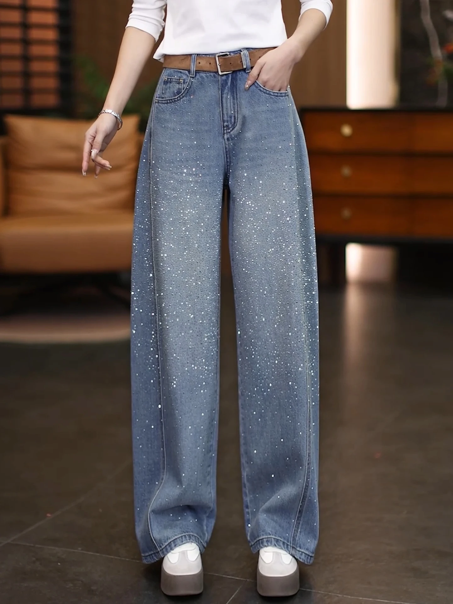 

High Waist Wide Leg Denim Jeans Women's Spring Autumn 2026 New Style Slimming Diamond Embellished Straight Knife Pants