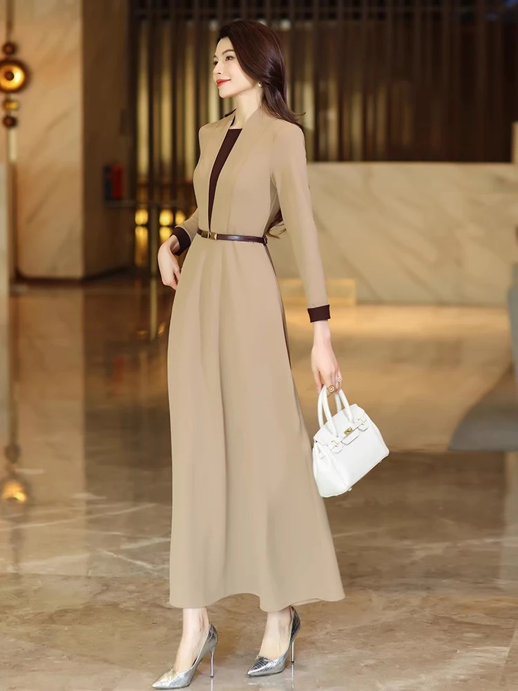 신규 여성 봄 가을 작업복 드레스 패션 패치워크 브이넥 긴 소매 슬림 웨이스트 오피스 레이디 드레스 우아한 젠틀 드레스