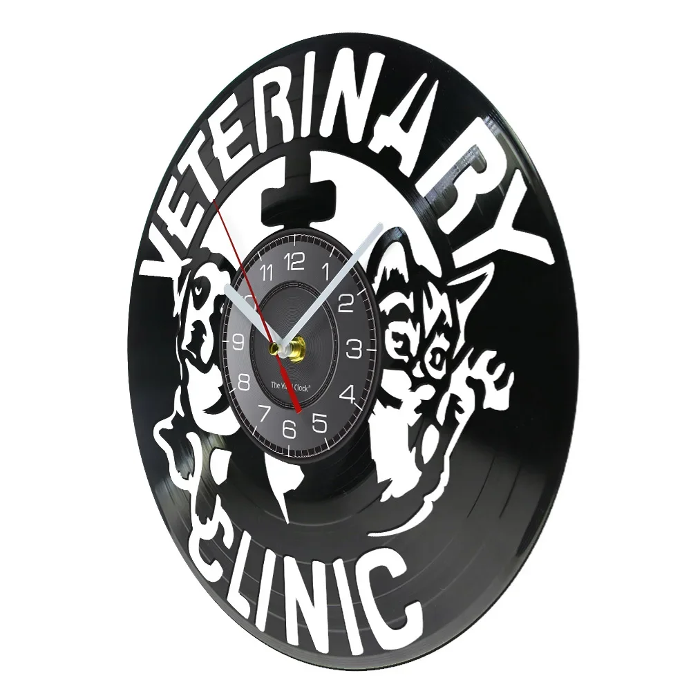 Veterinary Clinic Animals Care Vinyl Record Wall Clock Pet Health Clinic Clock Watch Pet Store Wall Sign Dog Cat Care Wall Decor