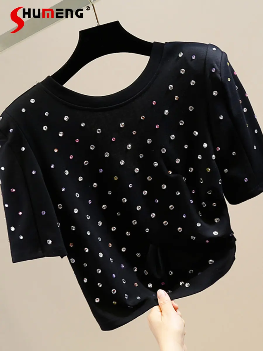 

Heavy Industry Color Rhinestone Irregular Pleated Short T-shirt Spring Summer Sexy Backless Versatile Slimming Black T Shirt Top