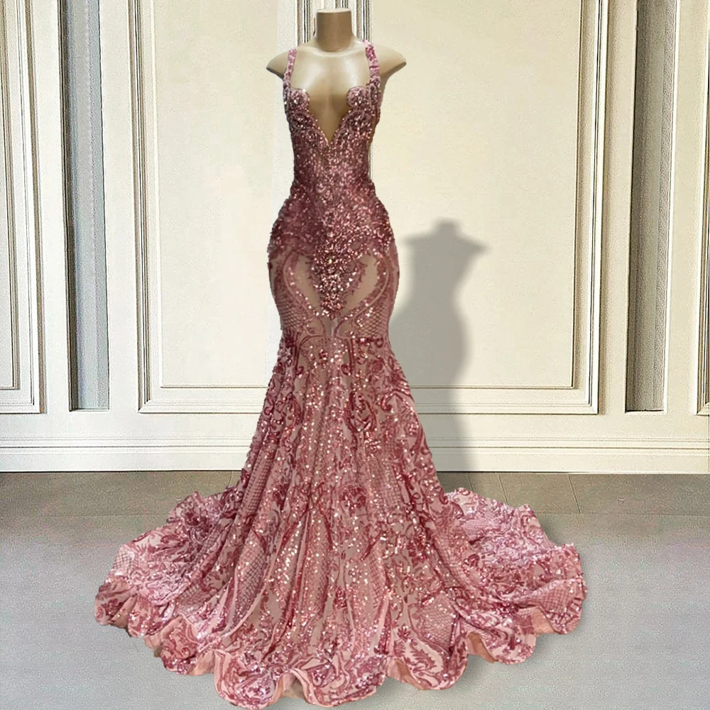 Abiti da ballo lunghi a sirena rosa con paillettes scintillanti per la festa di laurea abiti da sera formali da donna con scollo a V Sexy con scollo a V 2023