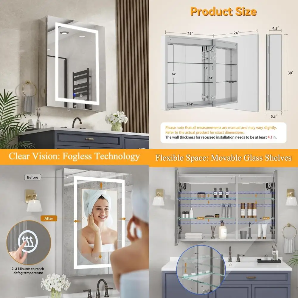 خزانة طبية مضيئة بإضاءة LED مقاس 24 × 30 بوصة للحمام، مثبتة على الحائط مع إزالة الضباب و3 إعدادات لدرجة الحرارة