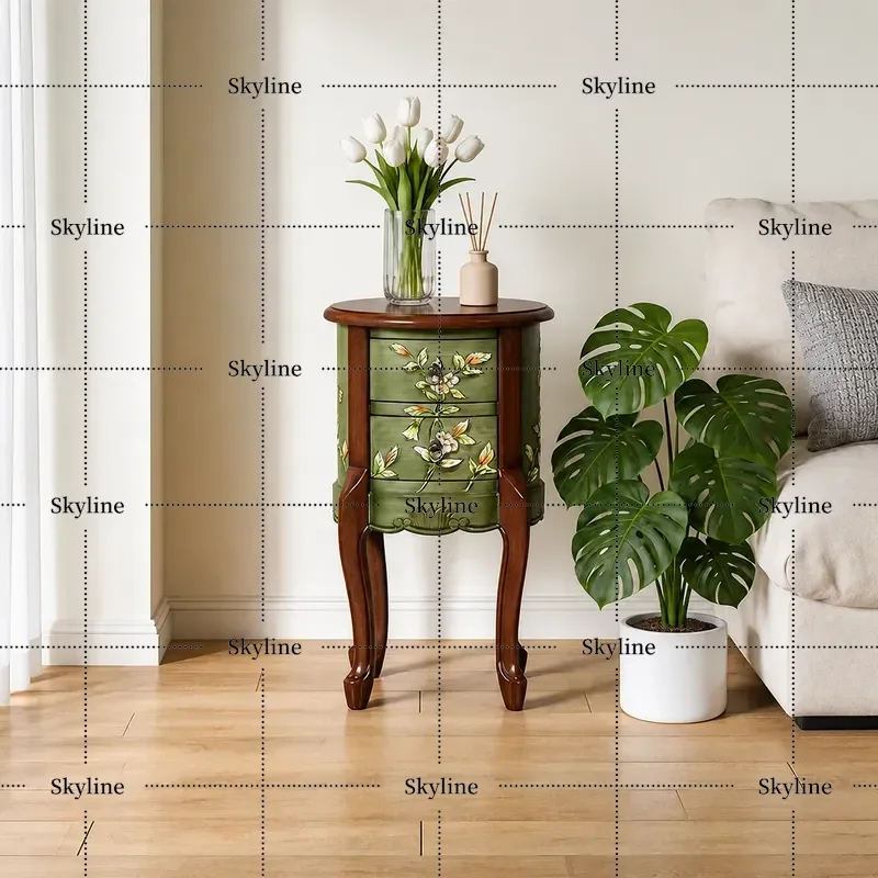 for American Painted Solid Wood Corner Table Retro Small Apartment Living Room Sofa Side Cabinet Round Exquisite Storage