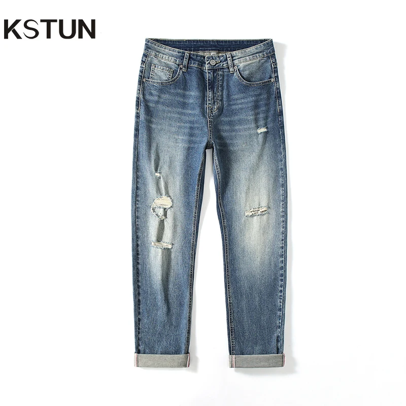 

KSTUN Hiphop Jeans Men Ripped Denim Pants Stretch Slim Straight Men's Jeans Distressed Hollow Out Moto&Biker Jeans Streetwear