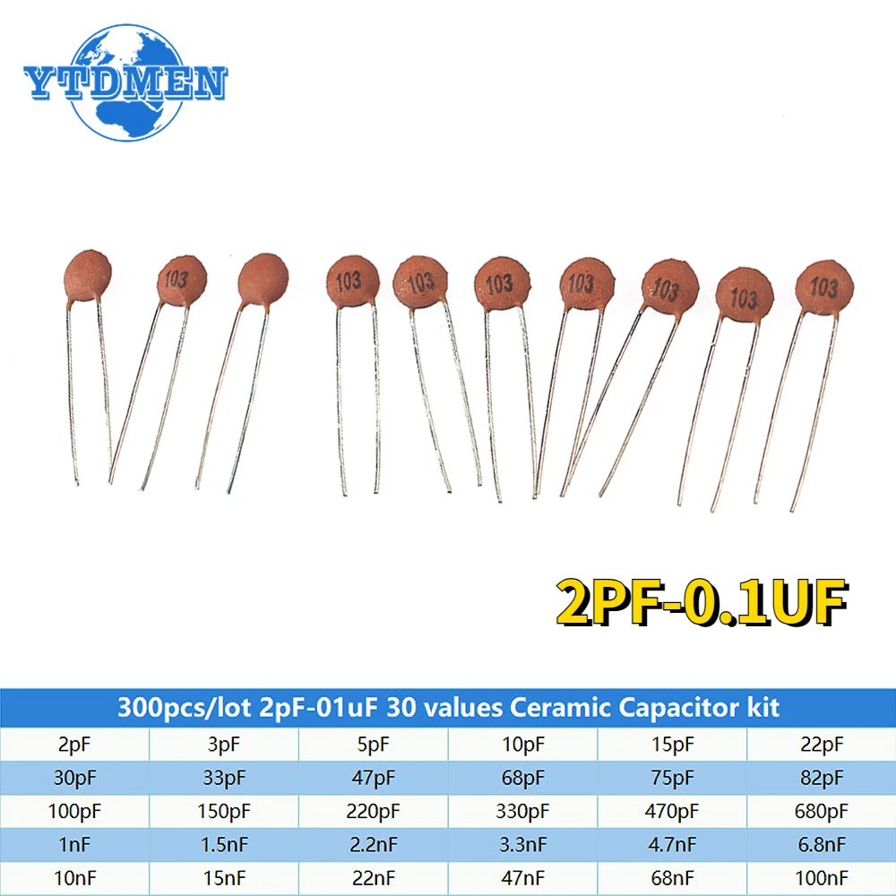 300pcs Ceramic Capacitor Kit 2PF-0.1UF 30Values*10pcs Capacitance Assorted Set DIY Sample Pack