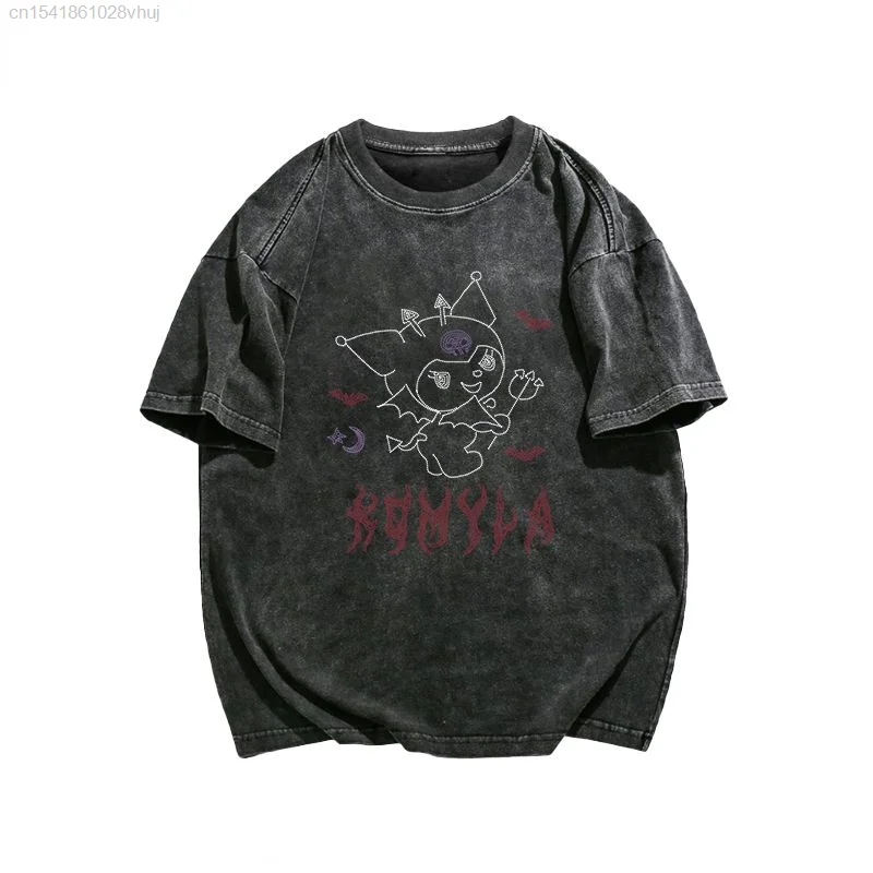 Sanrio Kuromi Women\'s Cotton Short Sleeve T-shirt Y2k Summer Harajuku Grunge Streetwear Black Top Youthful Female Clothes Yk2