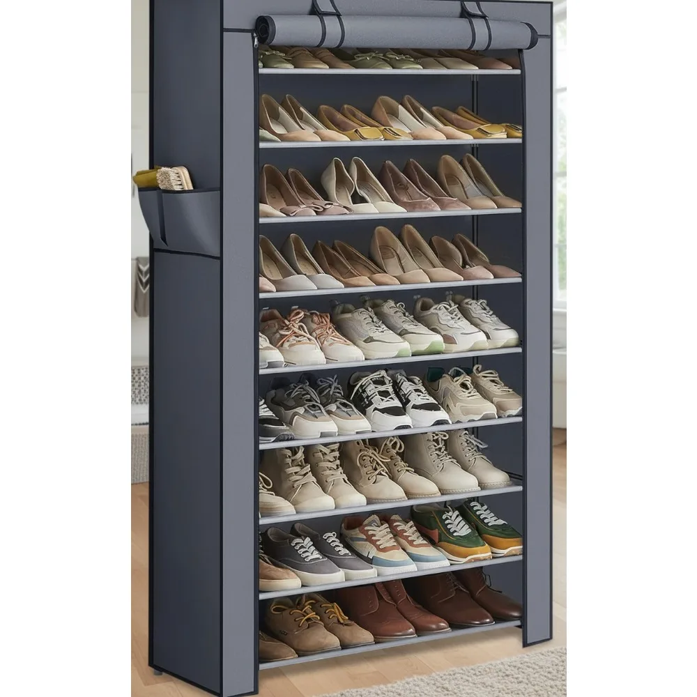 

10-Tier Shoe Rack with Dustproof Cover, Free-Standing Storage Organizer Holds 40-50 Pairs for Entryway Closet