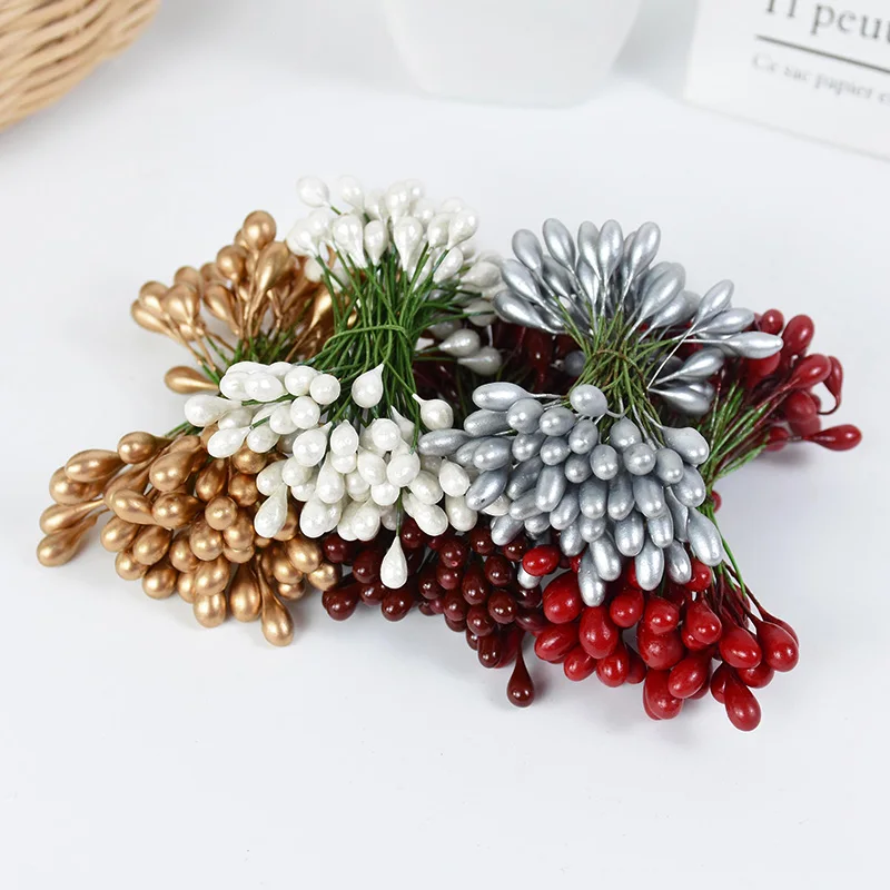 50pcs Artificial Gold Silver Berries Mini Cherry Stamen Fake Flowers Christmas Wedding Party Decoration Home DIY Wreath Supplies