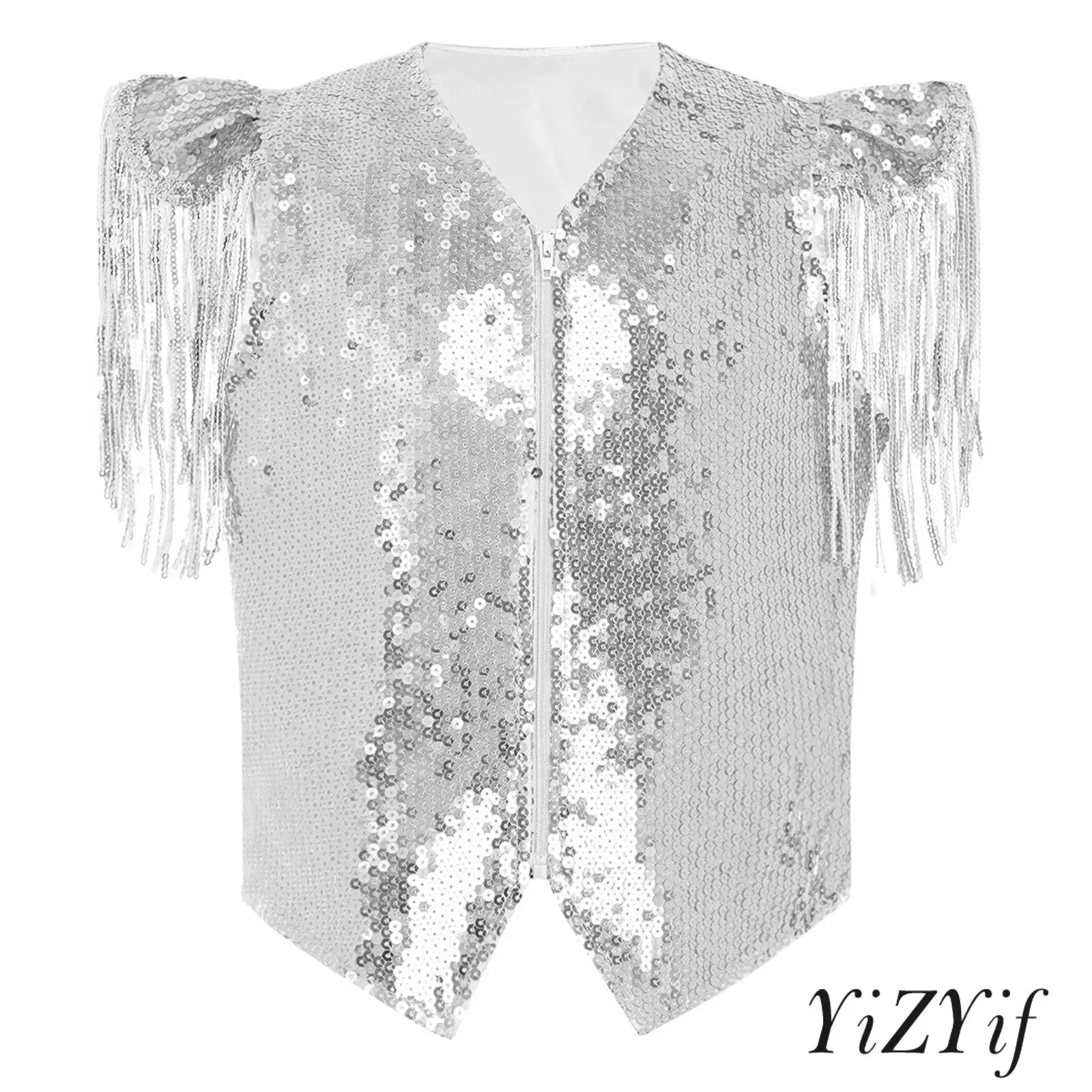 

Детский унисекс-жилет для танцев в стиле джаз и хип-хоп с пайетками, металлическим блеском, бахромой, рукавами-крылышками, асимметричным подолом и застежкой-молнией