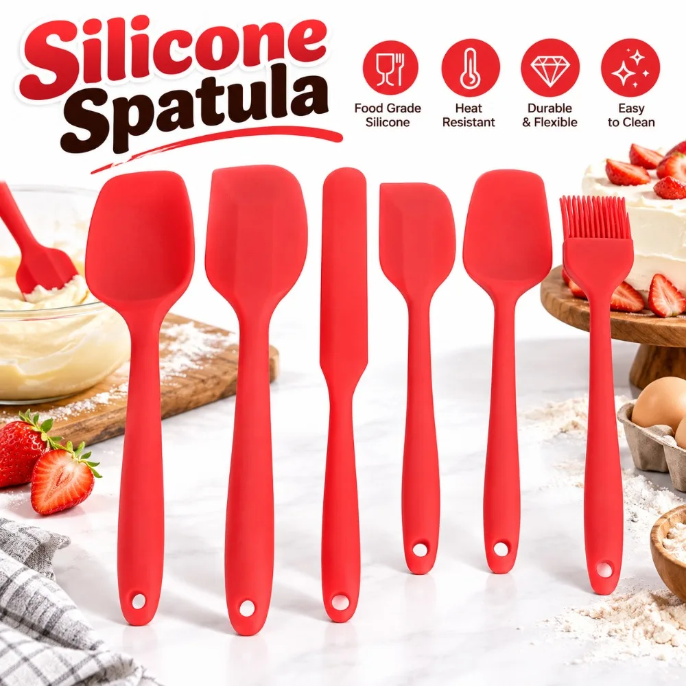 6PCS Food Grade Silicone Silicone Spatula Set Non Stick Seamless Rubber Spoon Spatula Dishwasher Safe Heat Resistant Oil Brush