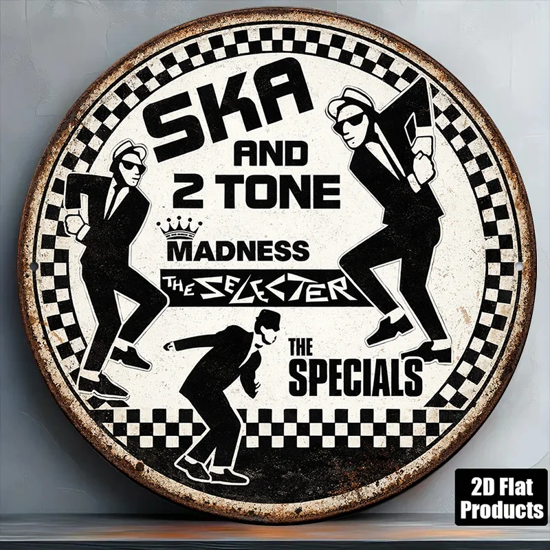 2D Flat Circular Sign, Vintage Plaque about Ska And 2 Tone Madness The Selecter The Specials, Ska Music Theme Decorative Sign,