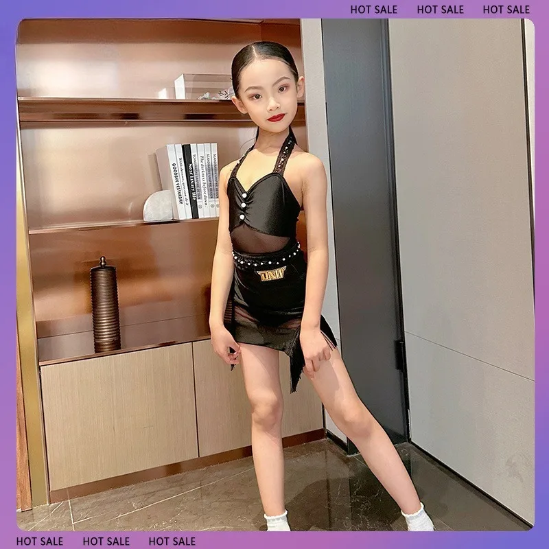 

Customized Latin Dance Suit Practice Dress Girls' Professional Competition Performance Dress Black Mesh Patchwork Pearl Set
