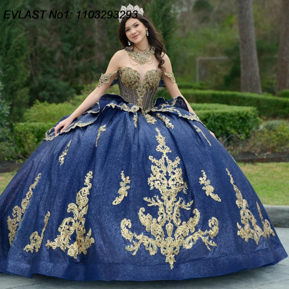 

EVLAST Customized Sparkly Navy Blue Ball Gown Quinceanera Dress Gold Lace Applique Beading Sweet 16 Vestidos De 15 Anos E1QN331