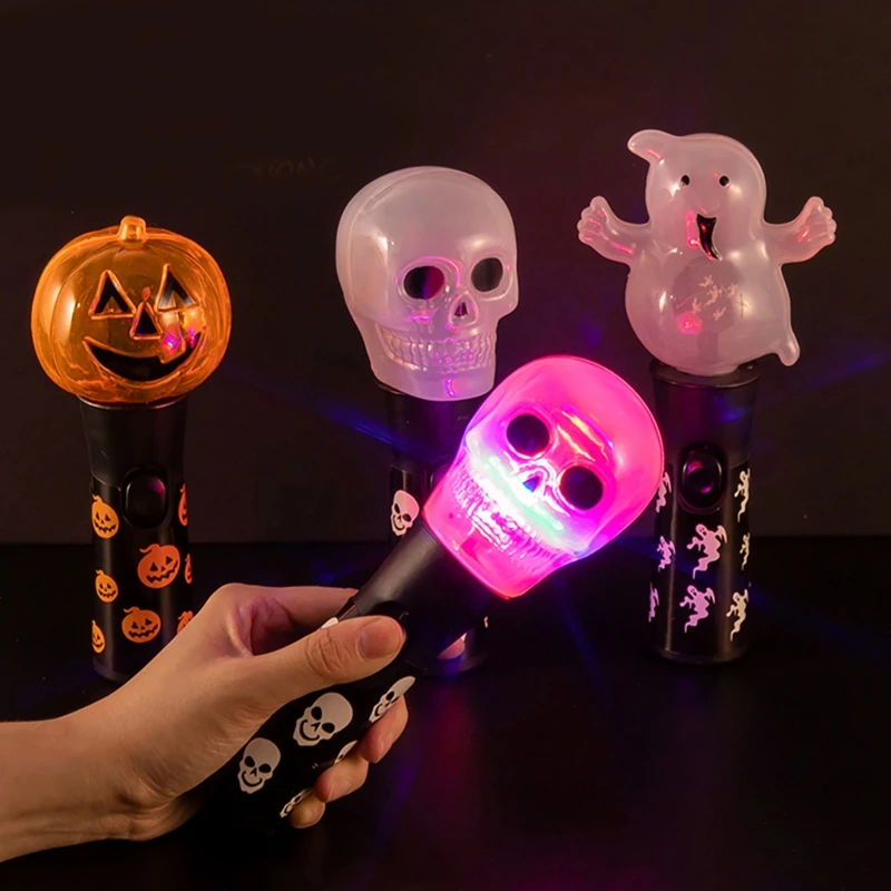 Handheld Light Up Wand Toys Halloween Adults Kids Cosplay Props Cute Ghost Pirate Skull Pumpkin Flashing Sticks Party Decoration