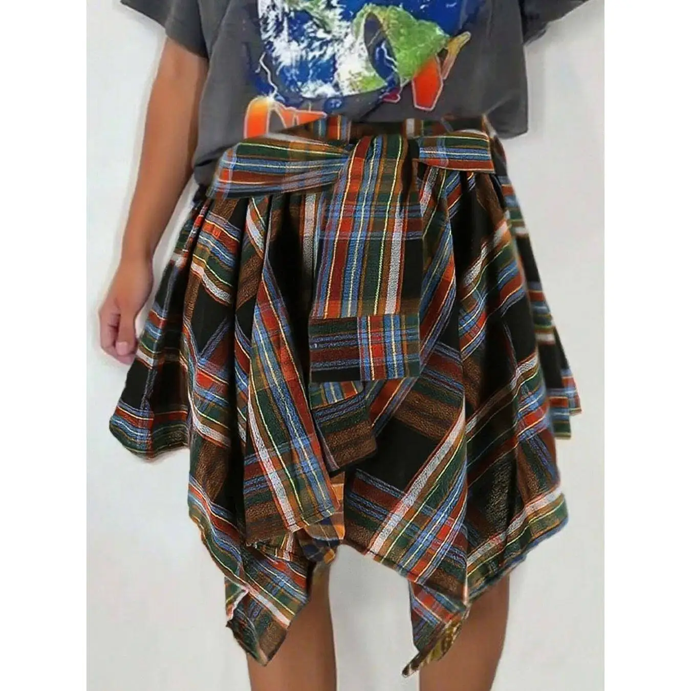 Casual xadrez cintura alta elástica waisand assimétrico simples sle high school faion outono temporada saia para mulher
