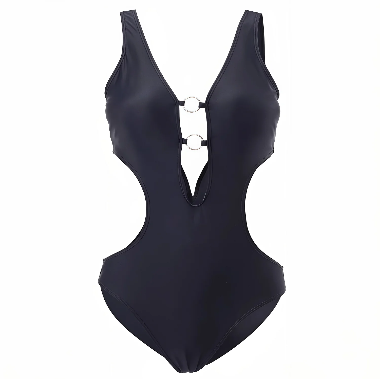 

2025 Summer Sexy Black One Piece Swimsuit for Women Double Metal Ring Cutout Side Push Up Bathing Suit Monokini Beach Swimsuit
