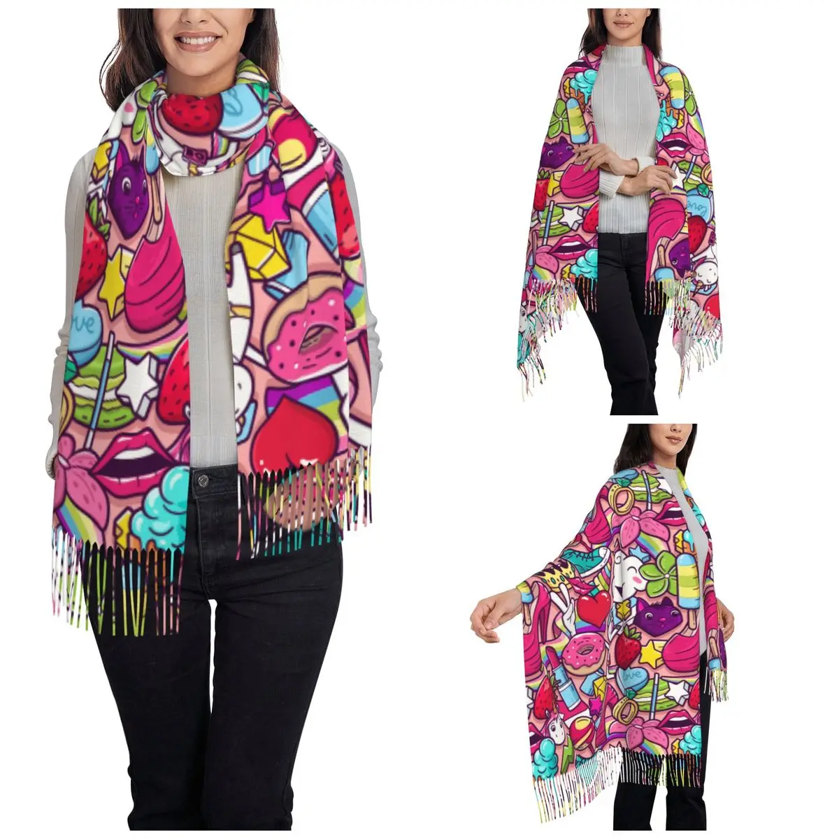 Crazy Unicorn Graffiti Girlish Makeup Pattern Shawl Wraps for Ladies Winter Large Long Scarf Fashion Tassel Scarves