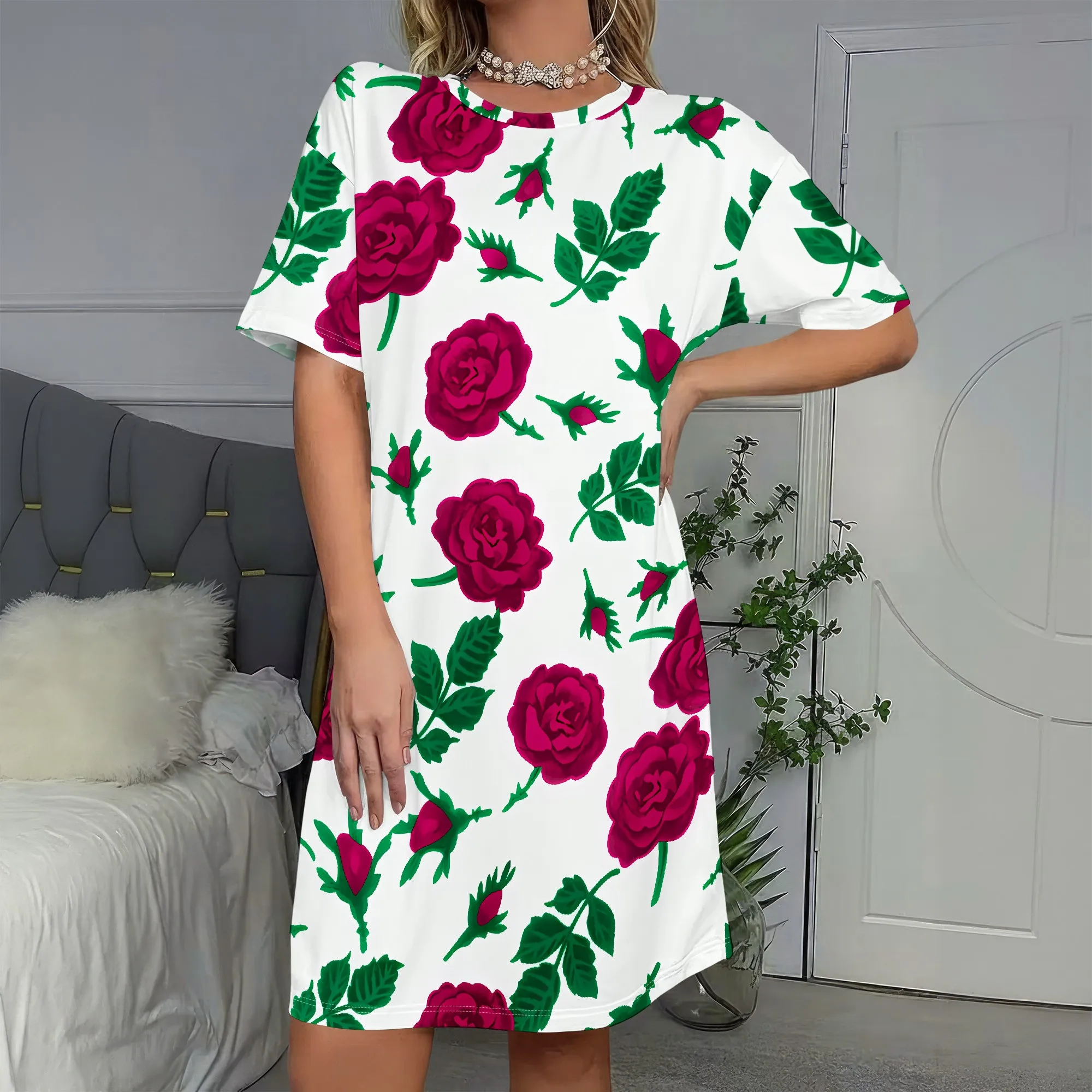 

Vintage Rose Print, Short Sleeve Dress, Casual Tunic, Boho Beach Wear, Summer Mini Dress for Women, S-2XL