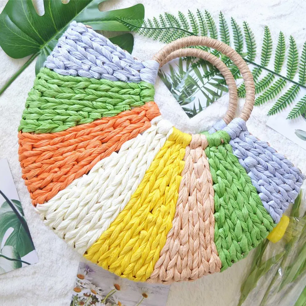 

【SEE】Новая женская летняя соломенная сумка, разноцветная тканая сумка, пляжная сумка, дорожная сумка-тоут, плетеная корзина