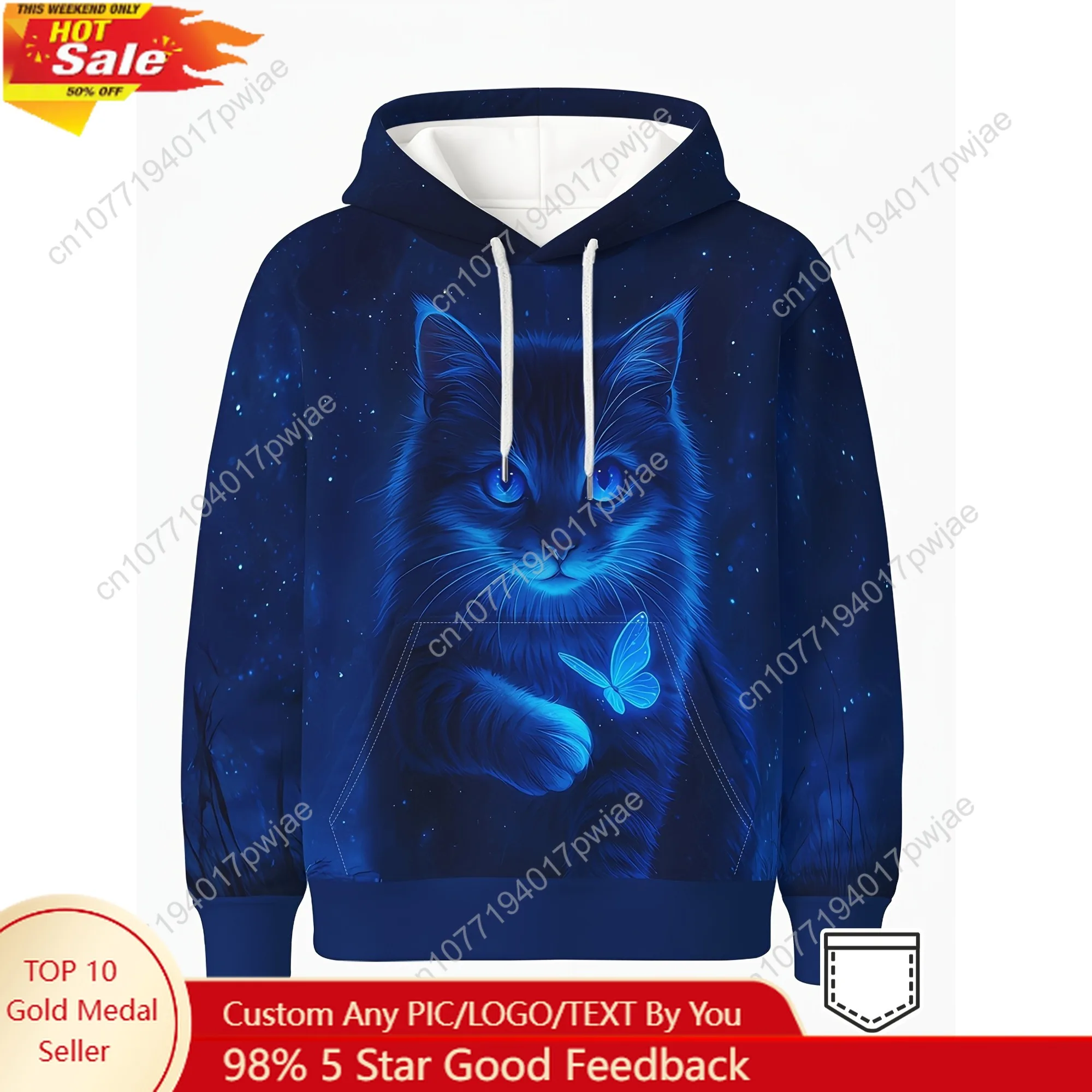Уютная синяя светящаяся толстовка с котом для взрослых — толстовка из мягкого полиэстера с 3D-принтом котенка и бабочки, капюшоном и карманом, идеально подходит для