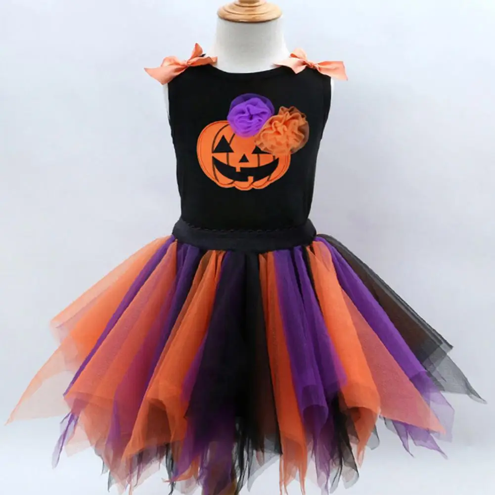 Halloween Dress Cartoon Pattern Bow-knot Design Cotton Halloween Outfit Sleeveless Pumpkin Ghost Dress Party