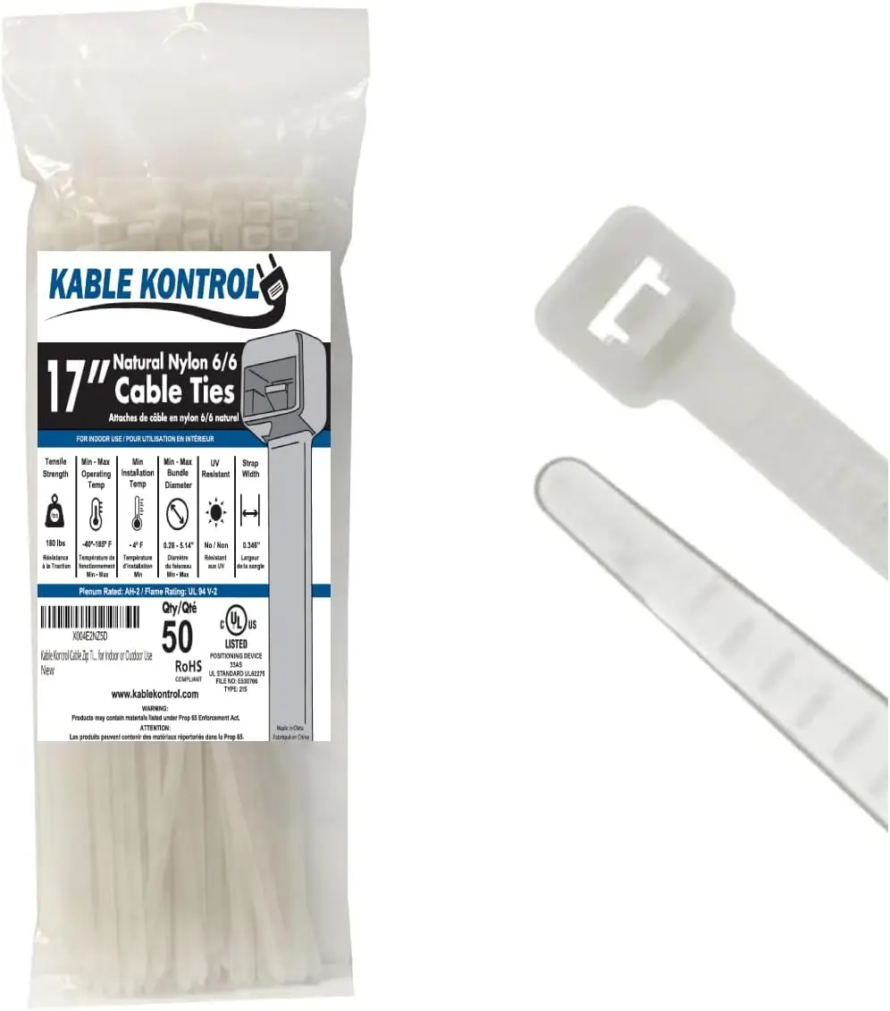 

50-Pack 17-Inch Heavy Duty Cable Ties, 175 lbs Tensile Strength, Self-Locking Nylon Zip Ties for Indoor/Outdoor Use