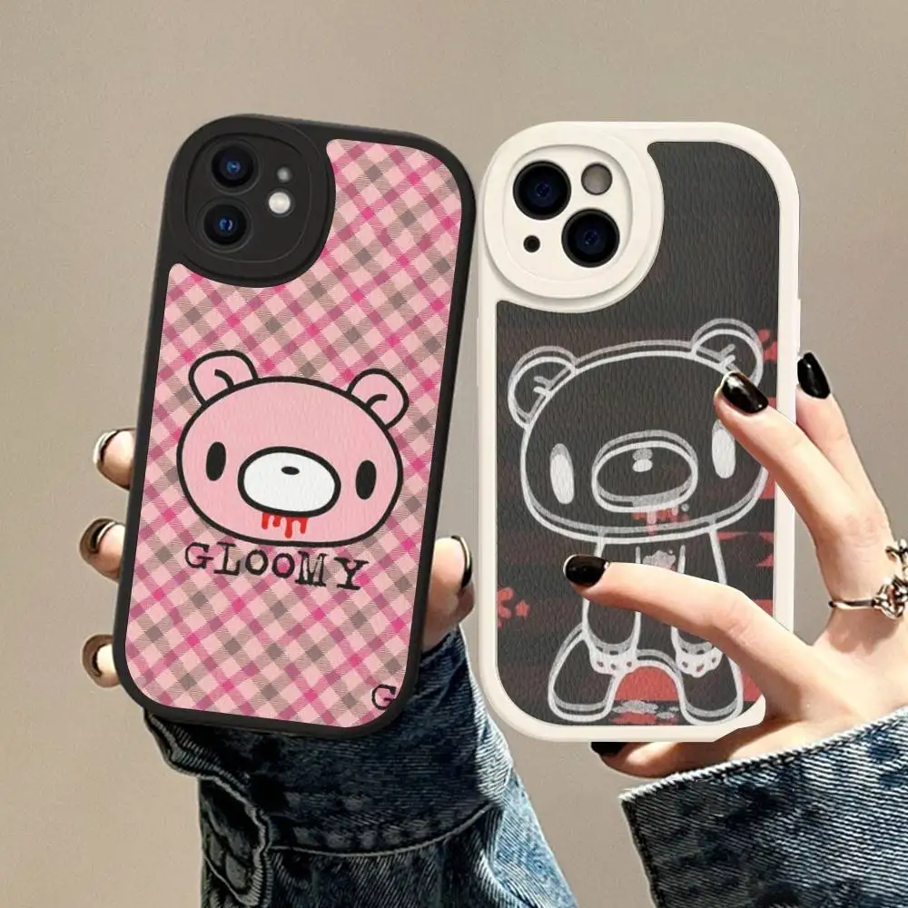 Cartoon G-gloomy Bear Leder-Handyhülle für iPhone 16 16e 15 14 13 12 11 Pro Max Plus Mini Cover