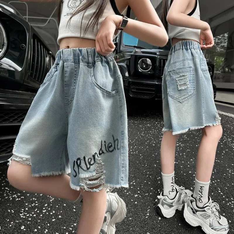 Girls' Summer Denim Shorts Loose Straight Distressed Ripped Hems Washed Vintage Hong Kong Style Graffiti Print​