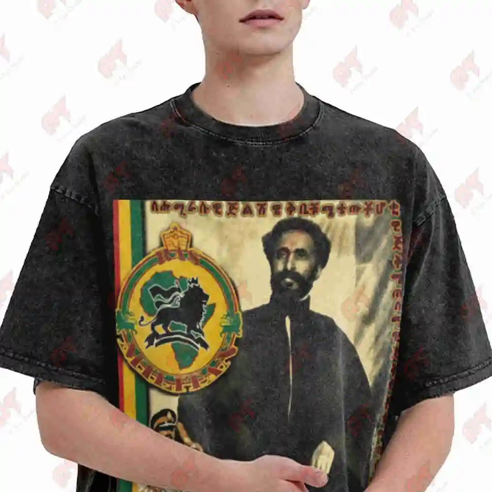 Haile Selassie Rasta Ethiopian Imperial Vintage Washed Tee Pure Cotton T-Shirt