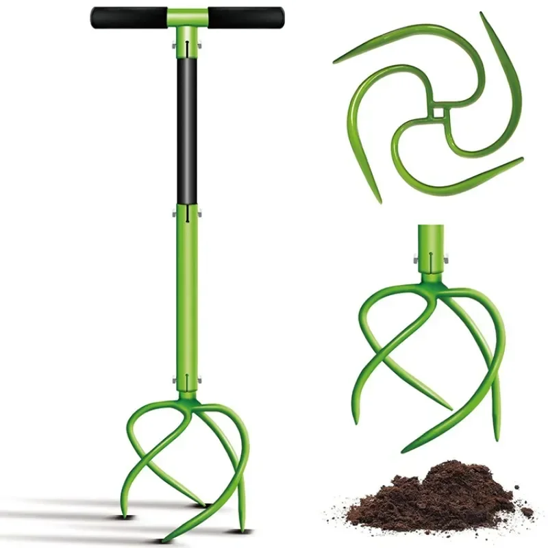 Manual Adjustable Height Tiller Garden Claw Cultivator Long Handle Green Rototiller Weeder Steel Core Lawn Aeration