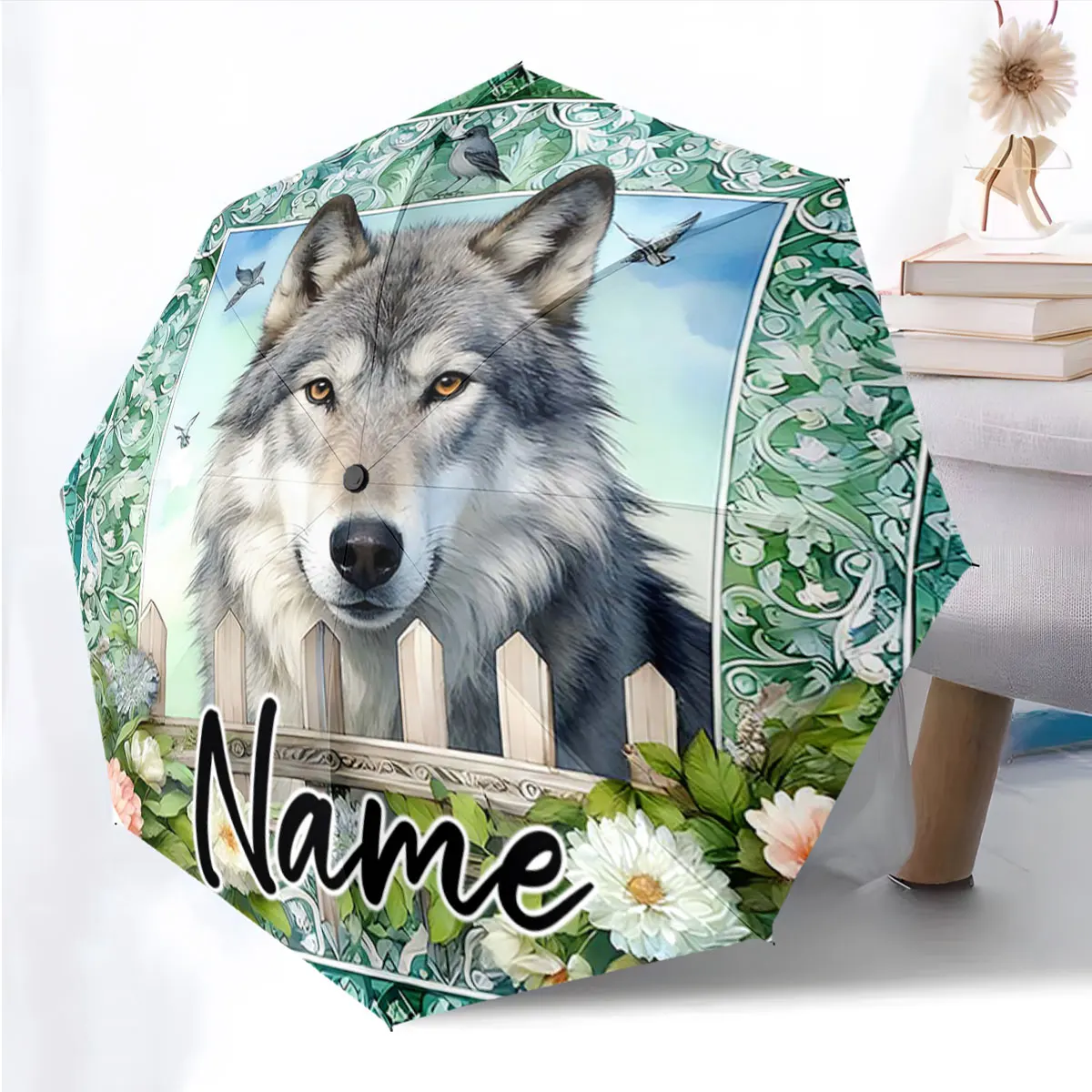 Custom Name Wolf Design Umbrella with Floral and Nature Motif Print 8 Iron Ribs Folding Umbrella Auto-Open Fashion Sunshade