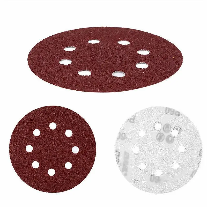 Dischi abrasivi di forma rotonda da 125 mm da 5 pollici Gancio ad anello Foglio di carta per lucidatura Carta vetrata Levigatrice a 8 fori Tampone per lucidatura Strumenti 10 pezzi