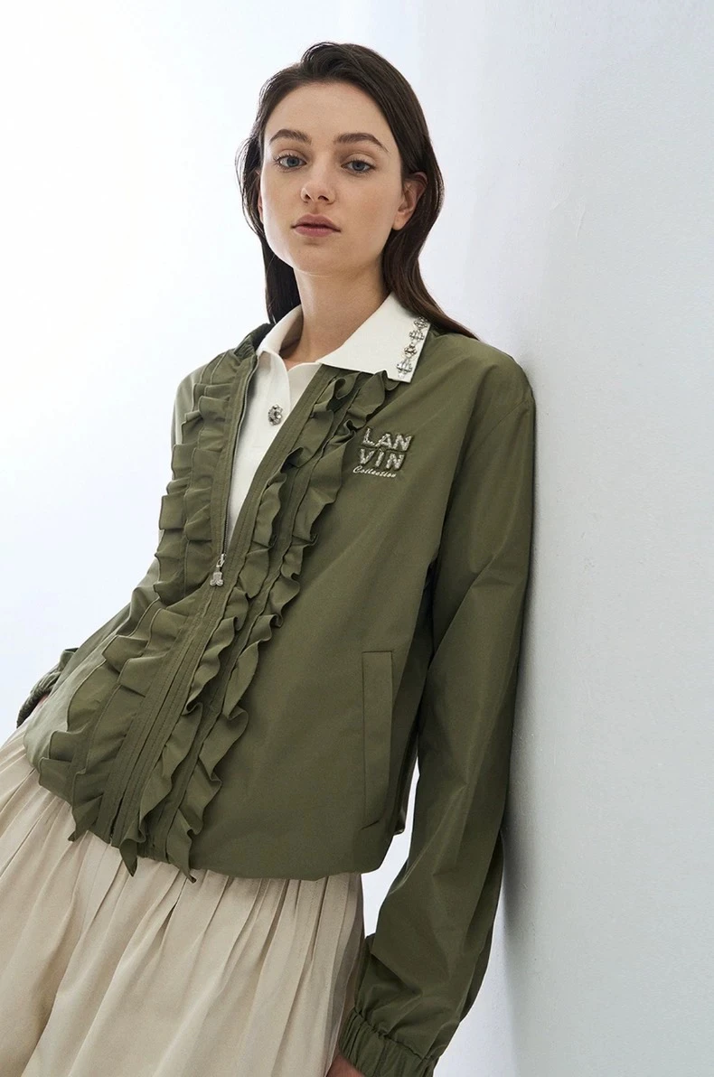 

Lightweight Dstring Stand Collar Jaet with Wood ain Design Ladies' Commuter Sle Outerwear Spring 2025