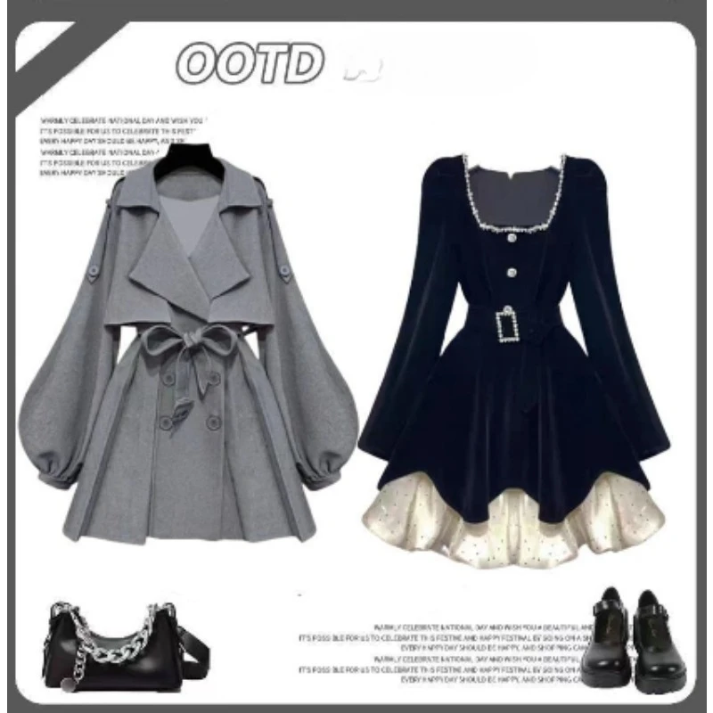 2026 ملابس نسائية كبيرة الحجم فستان الخريف مزاجه جديد صغير عطرة نمط موضة الربط ساحة الرقبة فستان أسود #1