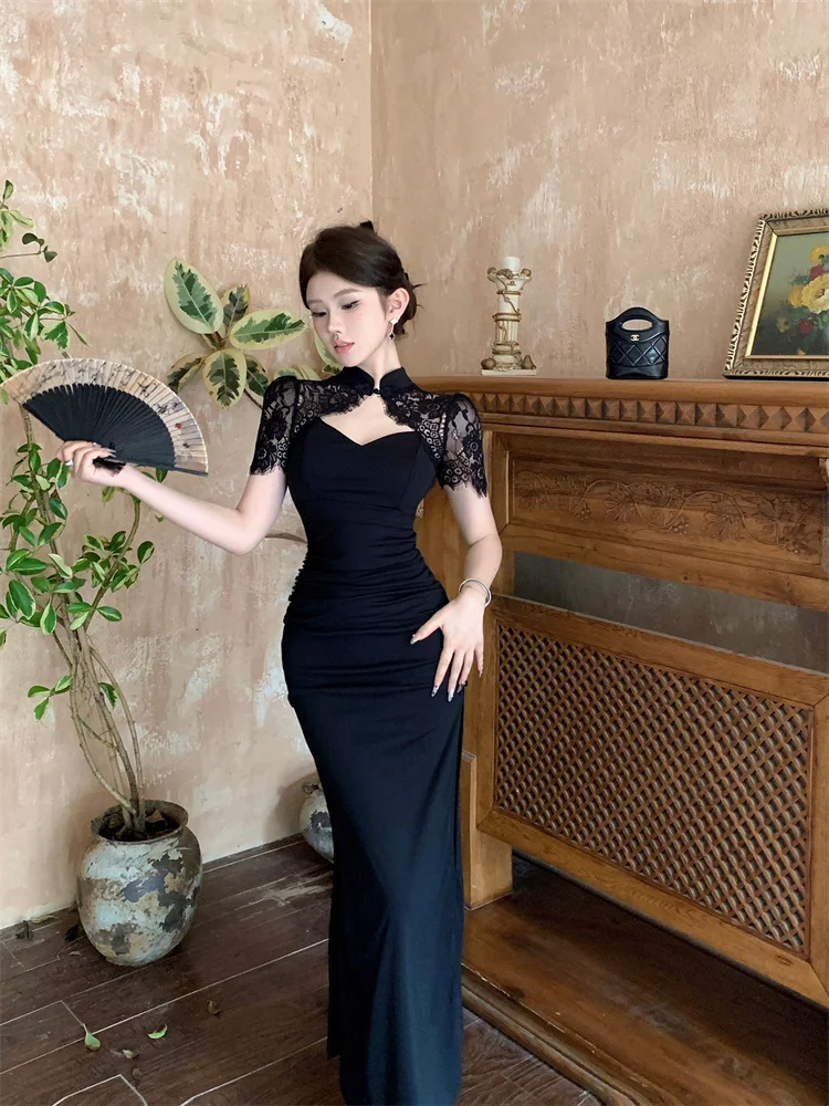 Rétro Style chinois dentelle évider amélioré Cheongsam femmes été Sexy fente mince robe noire élégante gaine robes noires