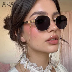 Polygon Sunglasses Women With Chain 2024 Luxury Brand Fashion Unique Trends Octagon Sun Glasses For Ladies Square Eyewear Shades