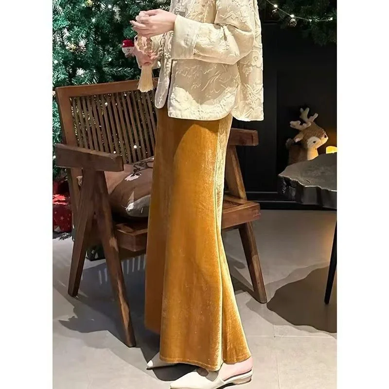 

Женская бархатная юбка-русалка больших размеров, янтарно-желтая, с завышенной талией, миди, А-силуэт, для весны и лета, повседневная, для фигуры типа «груша»