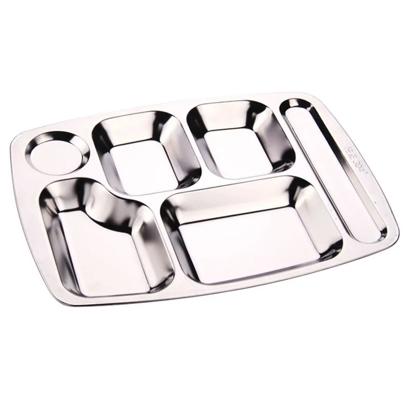 304 Rectangular Fast Food Plate Adult Stainless Steel Plate Five Grids Six Grids Student Canteen Tableware Plate Grid