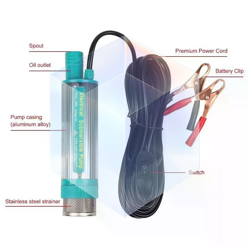12V Portable Submersible Fuel Transfer Pump Pure Copper Motor Stainless Steel Shell for Truck Farm Oil Delivery Work
