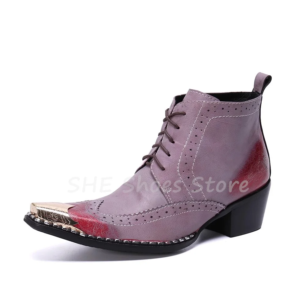 

British Metal Square Toe Chunky Heel Height Increasing Boots for Men Handmade Splicing Genuine Leather Shoes Male Lace-Up Boots