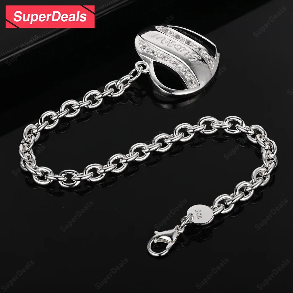 

SuperDeals Classic Zircon Heart Chain 925 Sterling Silver Lovers Bracelet Women Wedding Beautiful Jewelry Holiday Party Gift